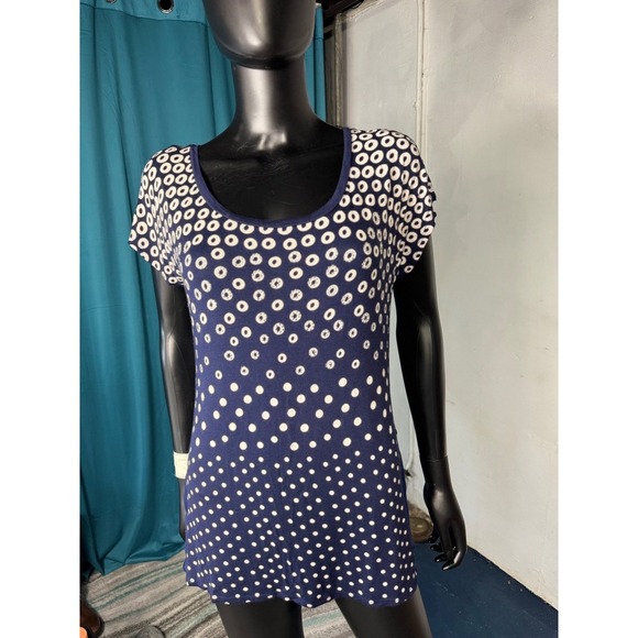 Bleu Navy Blue and White Dot Print Tunic Top Stylish Casual Short Sleeve L - Picture 1 of 8